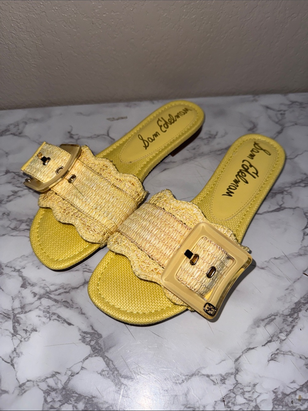 Sam Edelman Yellow Woven Buckle Bambi Buttercup Slide Mules 10 NWT